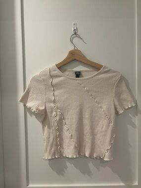 wild fable Cream Ribbed Ruffle-Trim Short Sleeve Tee